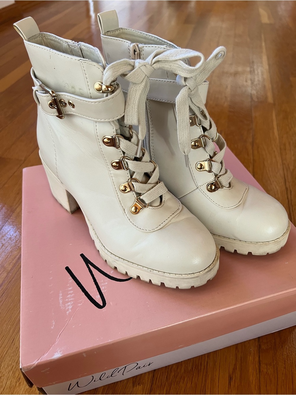 Wild Pair Cream Lace-Up Chunky Heel Combat Boots